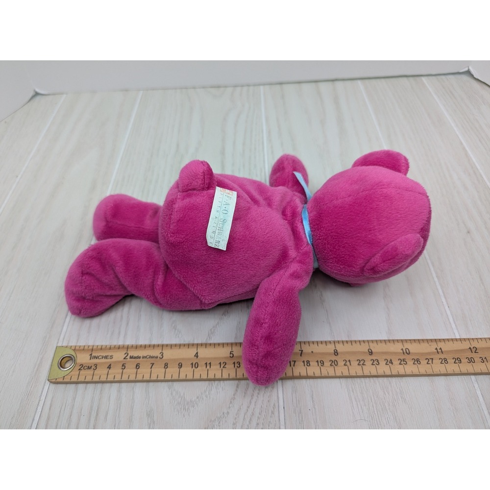 FAO Schwarz Plush Teddy Bear Pink Flowers Embroidered Blue Ribbon Bow - Picture 2 of 7